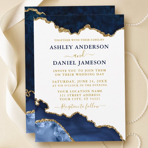 Watercolor Navy Blue Gold Marble Geode Wedding Invitation