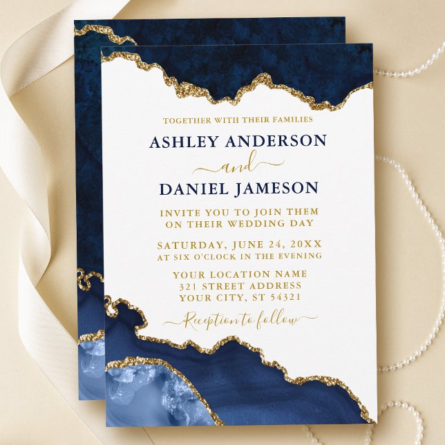 Watercolor Navy Blue Gold Marble Geode Wedding Invitation (Customize to change text size, text color or style.)
