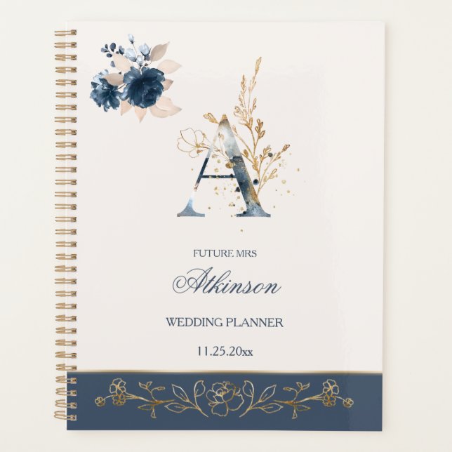 Watercolor navy blue & gold roses Wedding Planner (Front)