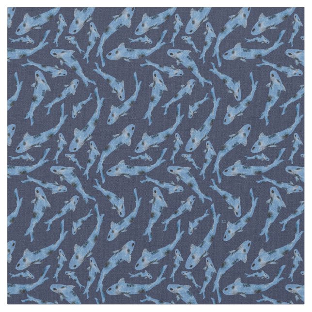 Watercolor Navy Blue Koi Fish Pattern Fabric (Close Up)