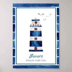 Watercolor Navy Blue Lighthouse Nautical Favors Poster