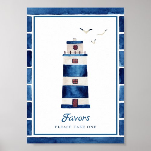 Watercolor Navy Blue Lighthouse Nautical Favors Poster