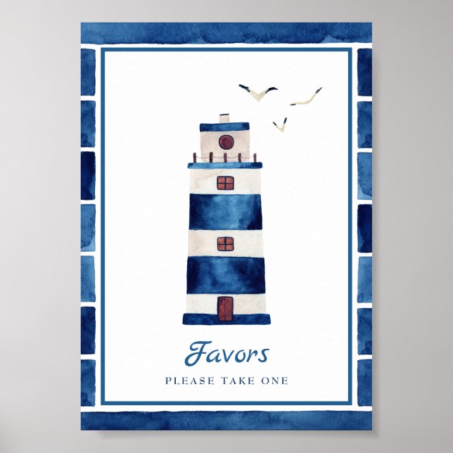 Watercolor Navy Blue Lighthouse Nautical Favors Poster (Front)
