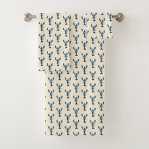 Watercolor Navy Blue Lobster on Beige Cream Bath Towel Set