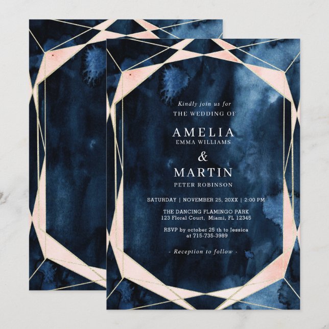 Watercolor Navy Blue Marble Gold Wedding  Invitation (Front/Back)