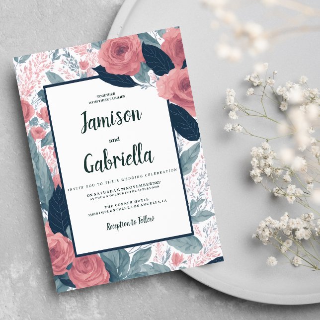 Watercolor navy blue mauve pink floral Wedding Invitation (Watercolor navy blue mauve pink floral Wedding )