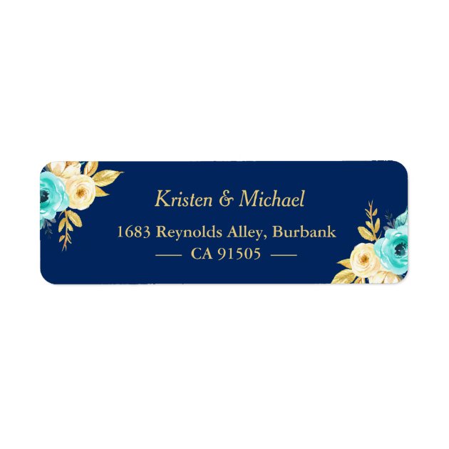 Watercolor Navy Blue Mint Gold Garden Floral Label