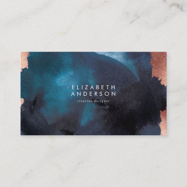 Watercolor Navy Blue Modern Rose Gold  Business Card (Front)
