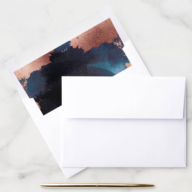 Watercolor Navy Blue Moody Rose Gold Wedding Envelope Liner (Desk)