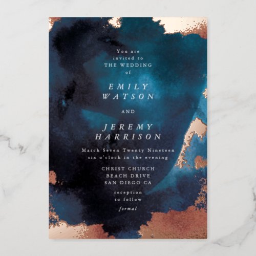 Watercolor Navy Blue Moody Rose Gold Wedding Foil Invitation