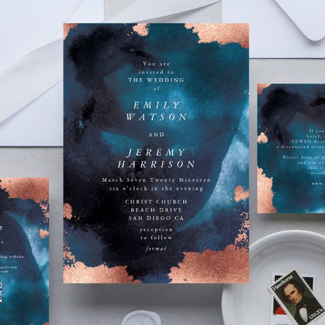 Watercolor Navy Blue Moody Rose Gold Wedding Invitation (Creator Uploaded)