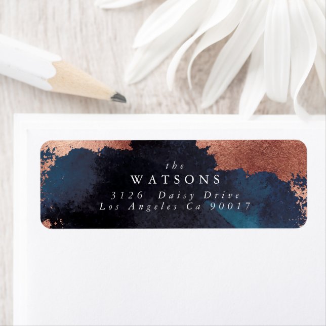Watercolor Navy Blue Moody Rose Gold Wedding Label (Insitu)