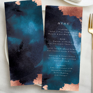 Watercolor Navy Blue Moody Rose Gold Wedding Menu