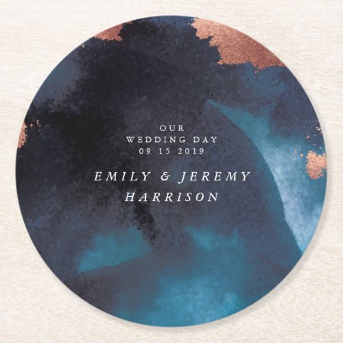 Watercolor Navy Blue Moody Rose Gold Wedding Round Paper Coaster
