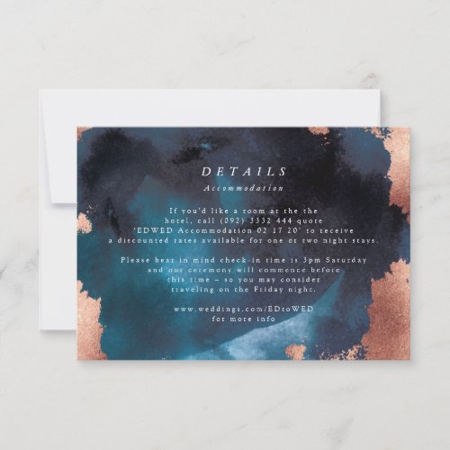 Watercolor Navy Blue Moody Rose Gold Wedding RSVP Card