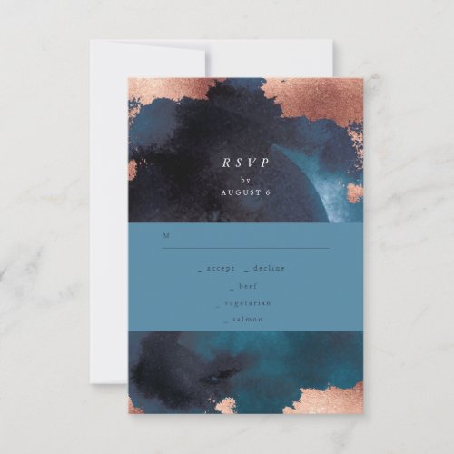 Watercolor Navy Blue Moody Rose Gold Wedding RSVP Card