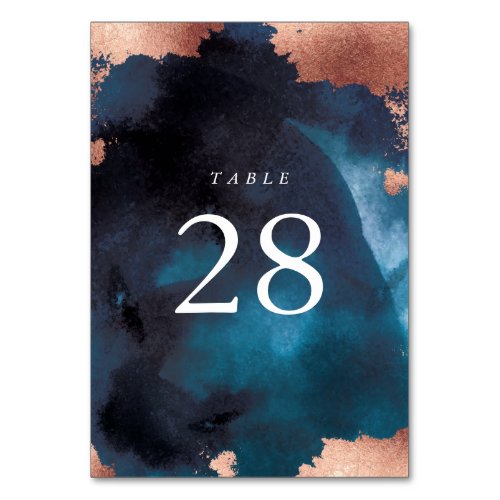 Watercolor Navy Blue Moody Rose Gold Wedding Table Number