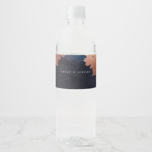 Watercolor Navy Blue Moody Rose Gold Wedding Water Bottle Label