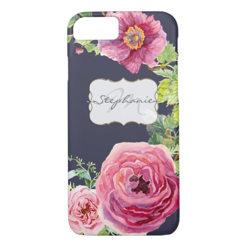 Watercolor Navy Blue n Pink Peony Rose Faux Gold iPhone 87 Case