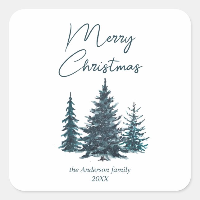 Watercolor Navy Blue Pine Trees Merry Christmas    Square Sticker (Front)