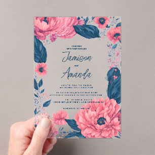 Watercolor navy blue pink botanical floral Wedding Acrylic Invitations