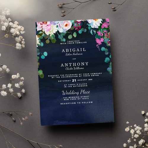 Watercolor navy blue pink green floral Wedding Invitation