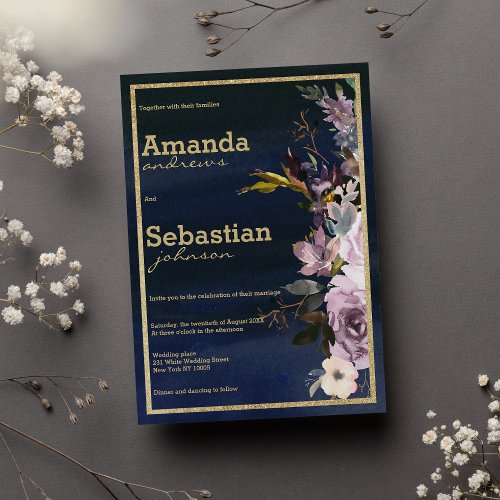 Watercolor navy blue purple pink floral wedding invitation