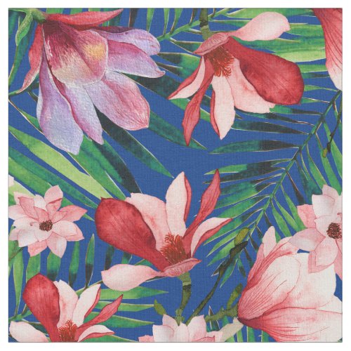 Watercolor navy blue red coral tropical floral fabric