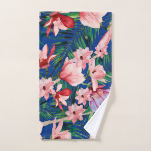 Watercolor navy blue red coral tropical floral hand towel
