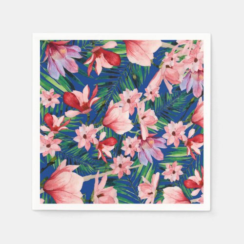 Watercolor navy blue red coral tropical floral napkins