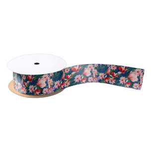 Watercolor navy blue red coral tropical floral satin ribbon