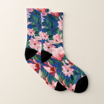 Watercolor Navy Blue Red Coral Tropical Floral Socks by kicksdesign at Zazzle