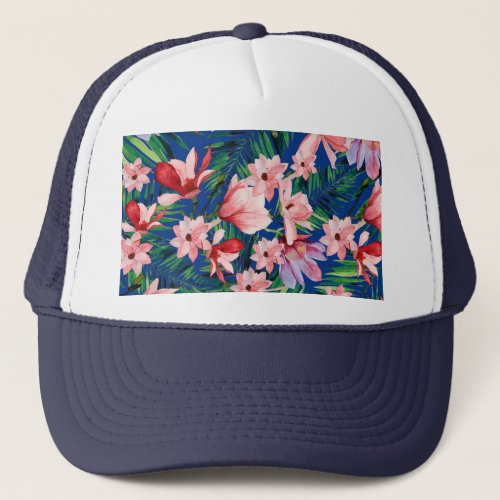 Watercolor navy blue red coral tropical floral trucker hat