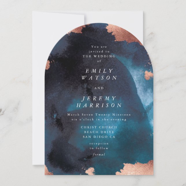 Watercolor Navy Blue Rose Gold Wedding Arch Invitation (Front)