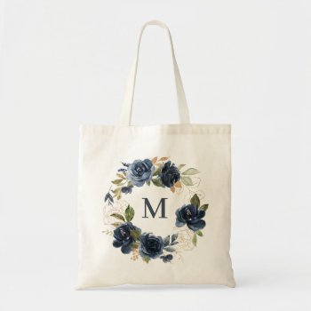 Watercolor Navy Blue Roses Floral Wreath Monogram Tote Bag by KeikoPrints at Zazzle