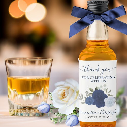 Watercolor Navy Blue Roses Wedding Thank You Mini Liquor Bottle Label