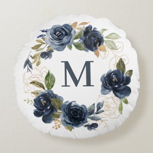 Watercolor Navy Blue Roses Wreath Gold Monogram Round Pillow