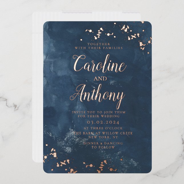 Watercolor Navy Blue Starry Rose gold Wedding  Foil Invitation (Envelope)