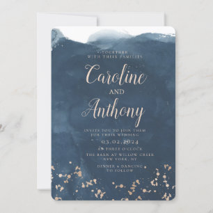 Watercolor Navy Blue Starry Rose gold Wedding  Invitation