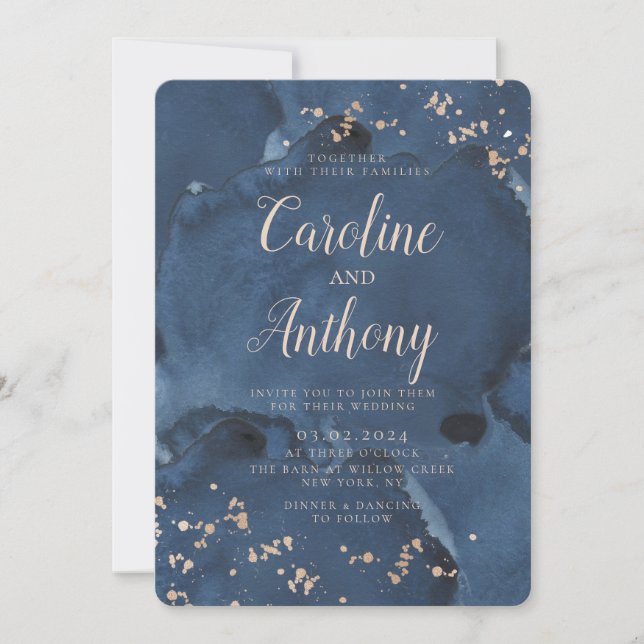 Watercolor Navy Blue Starry Rose gold Wedding  Invitation (Front)