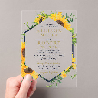 Watercolor Navy Blue Sunflower Rustic Wedding Acrylic Invitations