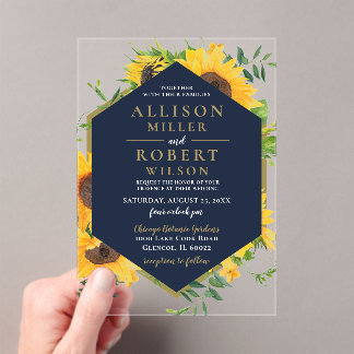 Watercolor Navy Blue Sunflower Rustic Wedding Acrylic Invitations