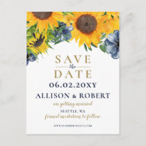 Watercolor Navy Blue Sunflower Rustic Wedding Announcement Postcard