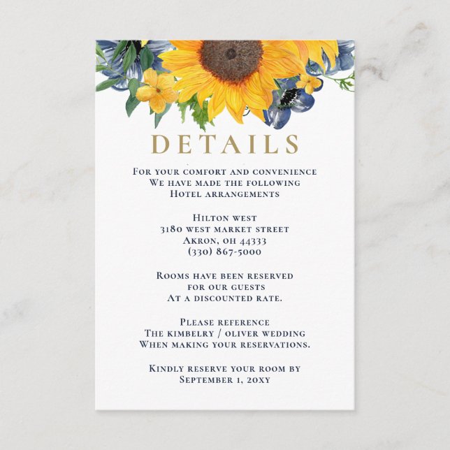Watercolor Navy Blue Sunflower Rustic Wedding Enclosure Card (Front)
