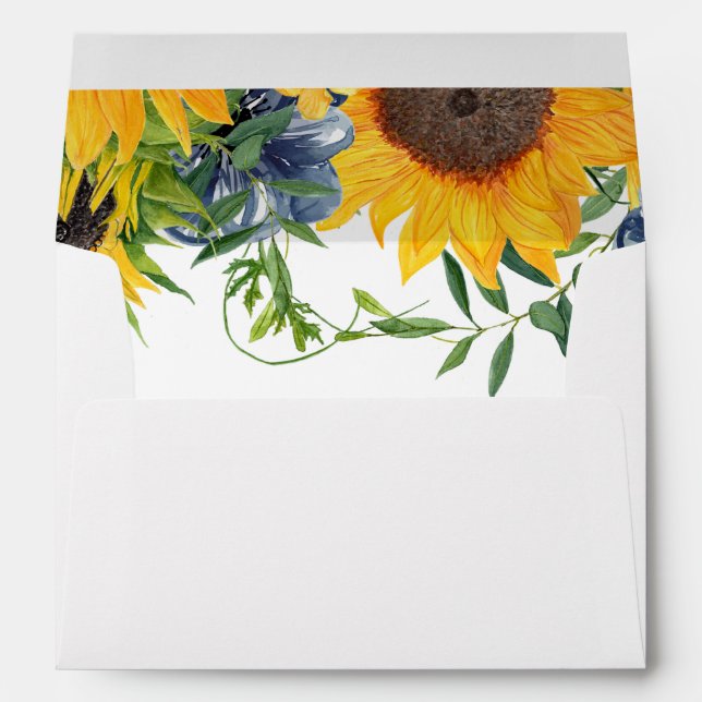 Watercolor Navy Blue Sunflower Rustic Wedding Envelope (Back (Bottom))