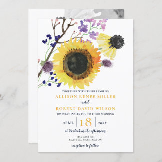Watercolor Navy Blue Sunflower Rustic Wedding Invitation