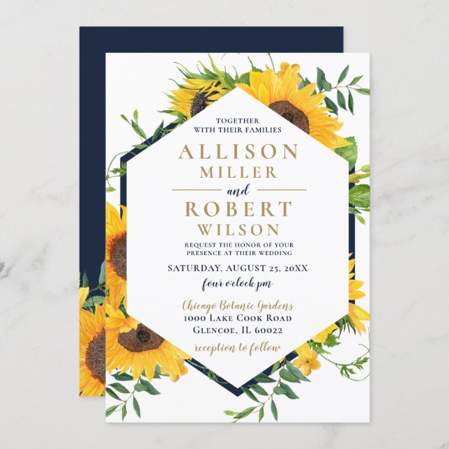 Watercolor Navy Blue Sunflower Rustic Wedding Invitation (Front/Back)