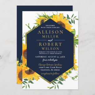 Watercolor Navy Blue Sunflower Rustic Wedding Invitation