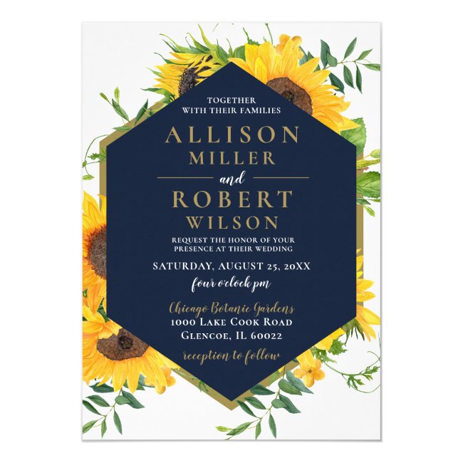 Watercolor Navy Blue Sunflower Rustic Wedding Invitation