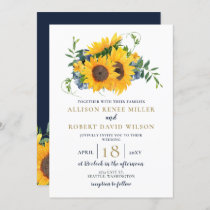 Watercolor Navy Blue Sunflower Rustic Wedding Invitation